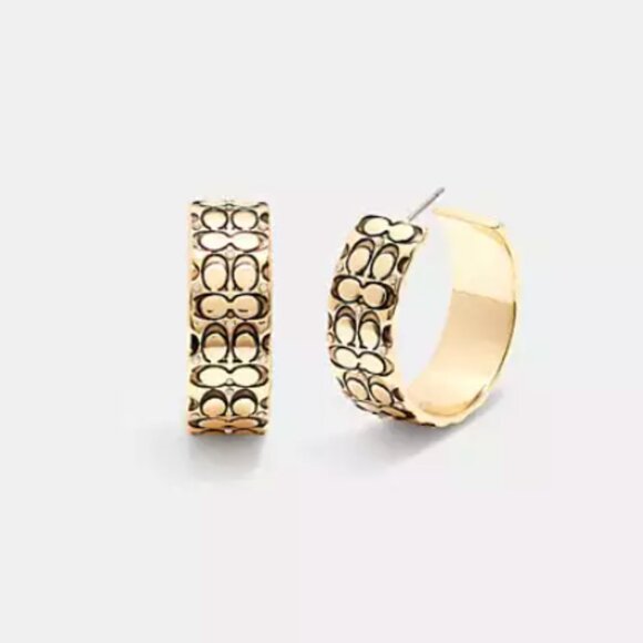 Coach Quilted Signature Gold Hoop Earrings, NWT - Picture 2 of 7